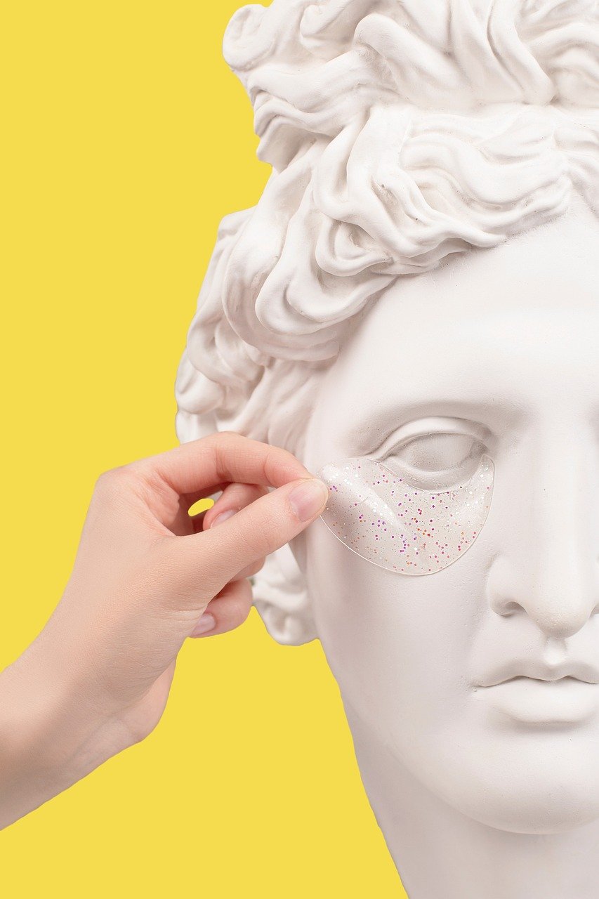 bust, sculpture, eye patch, skincare, beauty, cosmetics, hand, statue, closeup, skincare, skincare, skincare, skincare, skincare